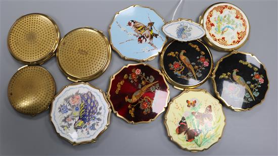 Ten vintage powder compacts by Stratton, three decorated with pheasants,